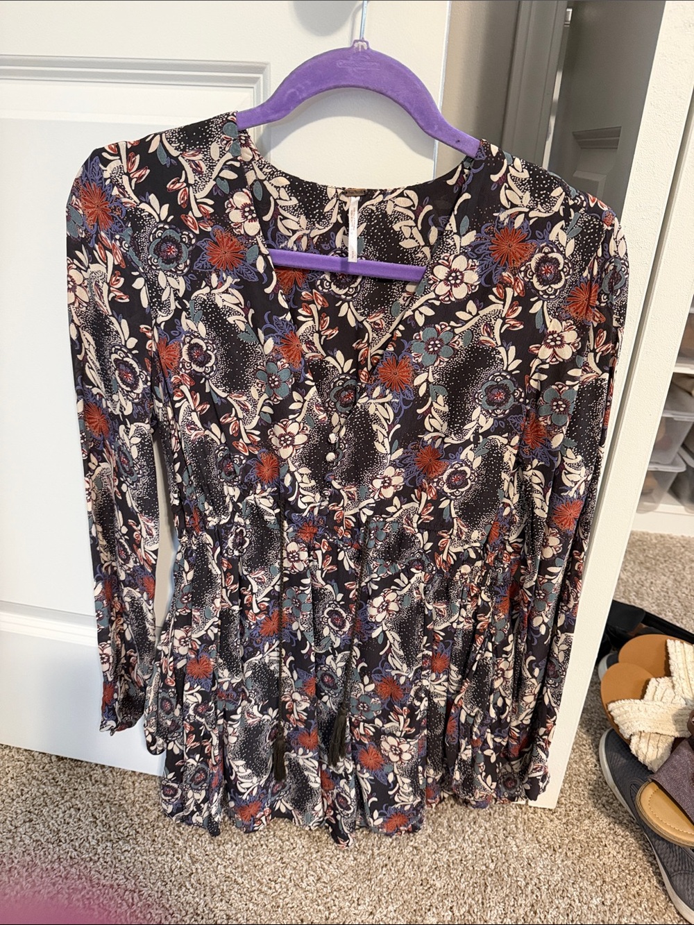 Floral Long-Sleeve Peplum Dress - Navy Multi